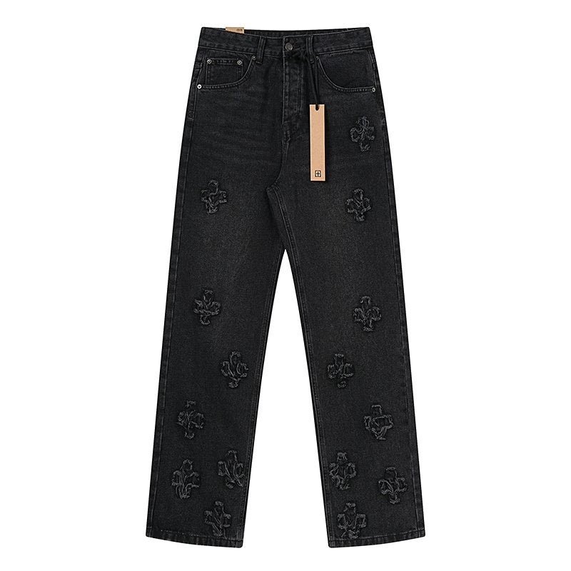 Ksubi Black Distressed Cross Embroidered Straight-Leg Jeans — hero