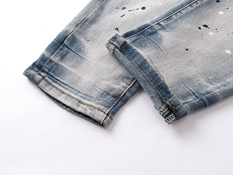 Purple Brand Light Blue Distressed Paint Splatter Jeans — detail