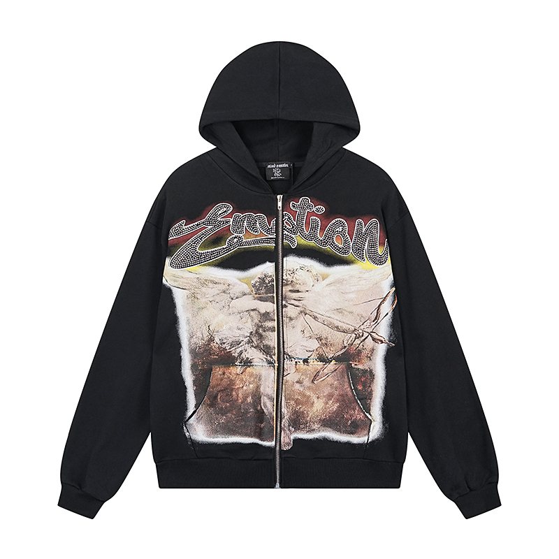 Mixed Emotion Black Zip-Up Graphic Hoodie — front