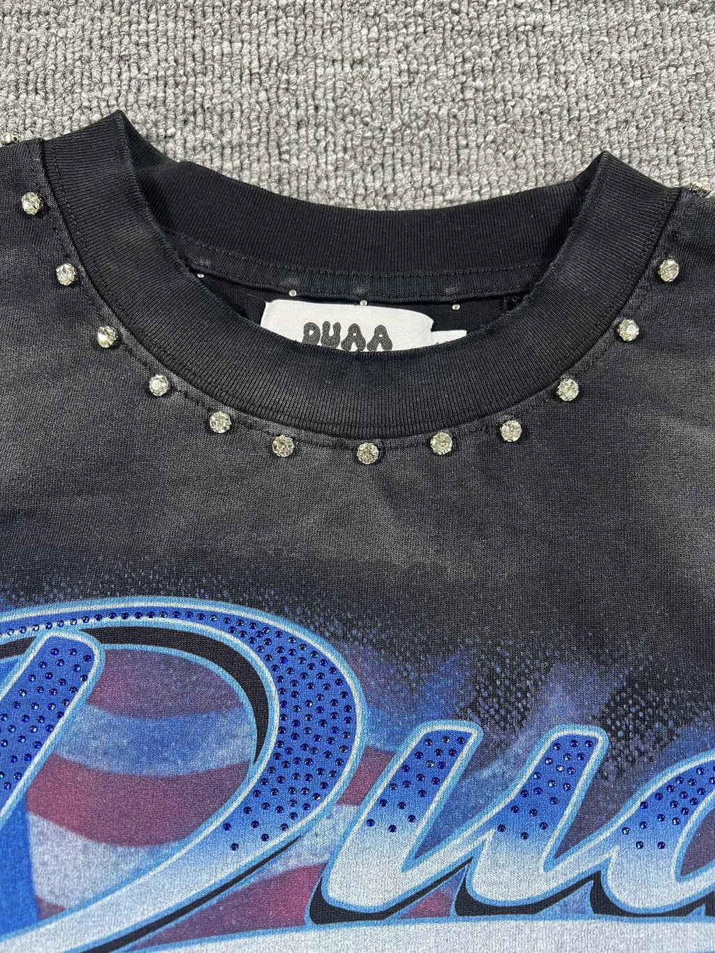 DUAA Blue Motorcycle Graphic Studded T-Shirt — neck_label