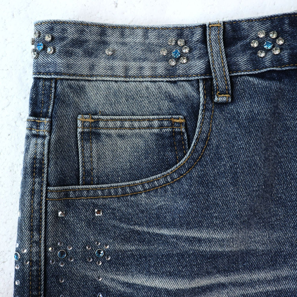 Vale Forever Rhinestone Side-Detail Washed Denim Shorts — detail